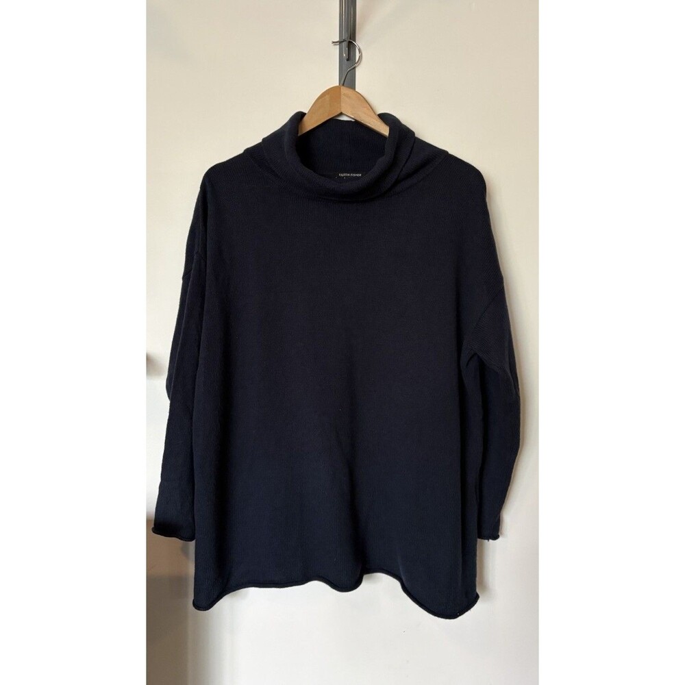 Eileen Fisher Navy Roll Hem Cashmere Blend Turtleneck Sweater Size Small Petite